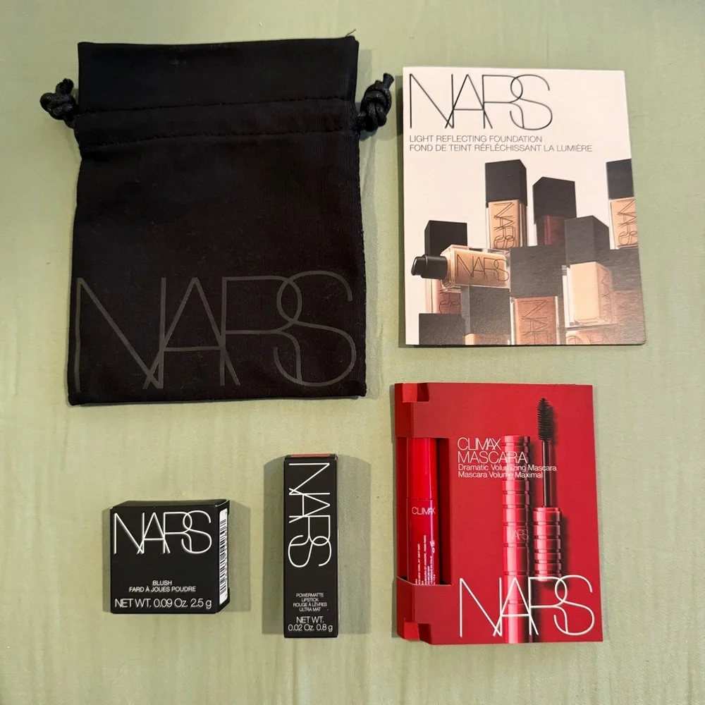 NARS Lipstick, Orgasm Blush, Mascara, Foundation Sample Set w Black Canvas Bag